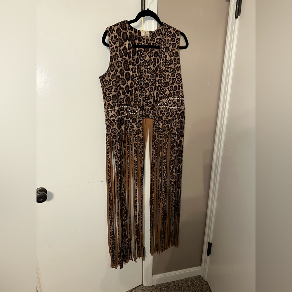 Leopard Print Fringe Vest